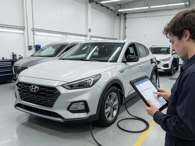 Hyundai and Kia hybrid vehicles parked in a service bay for battery assessment
