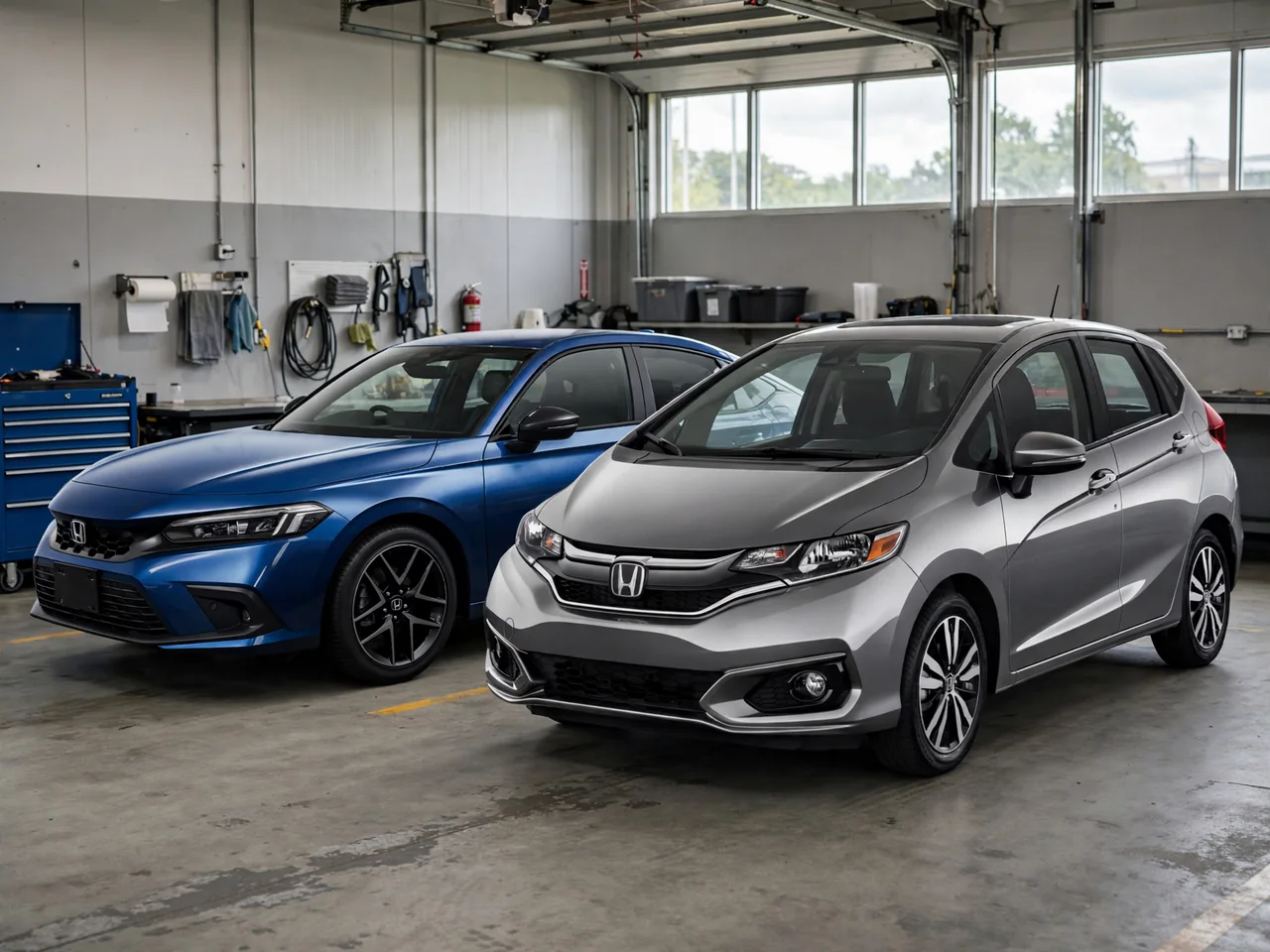 Honda Civic and Fit parked in a service bay for timing system inspection