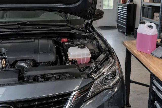 Coolant reservoir in an engine bay with the cap closed and an FL22 coolant container nearby