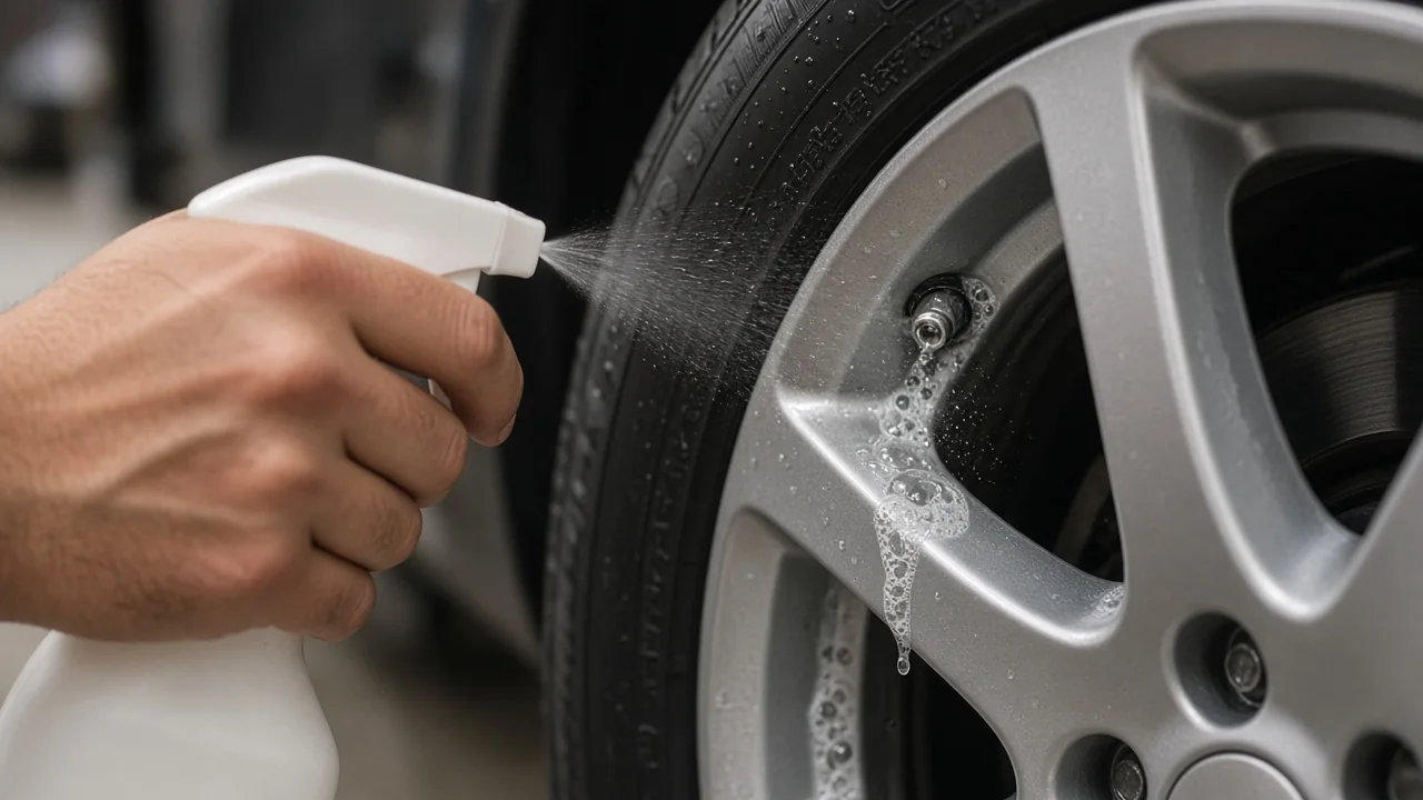 Soapy water bubbling around a car tire valve stem, revealing a slow air leak