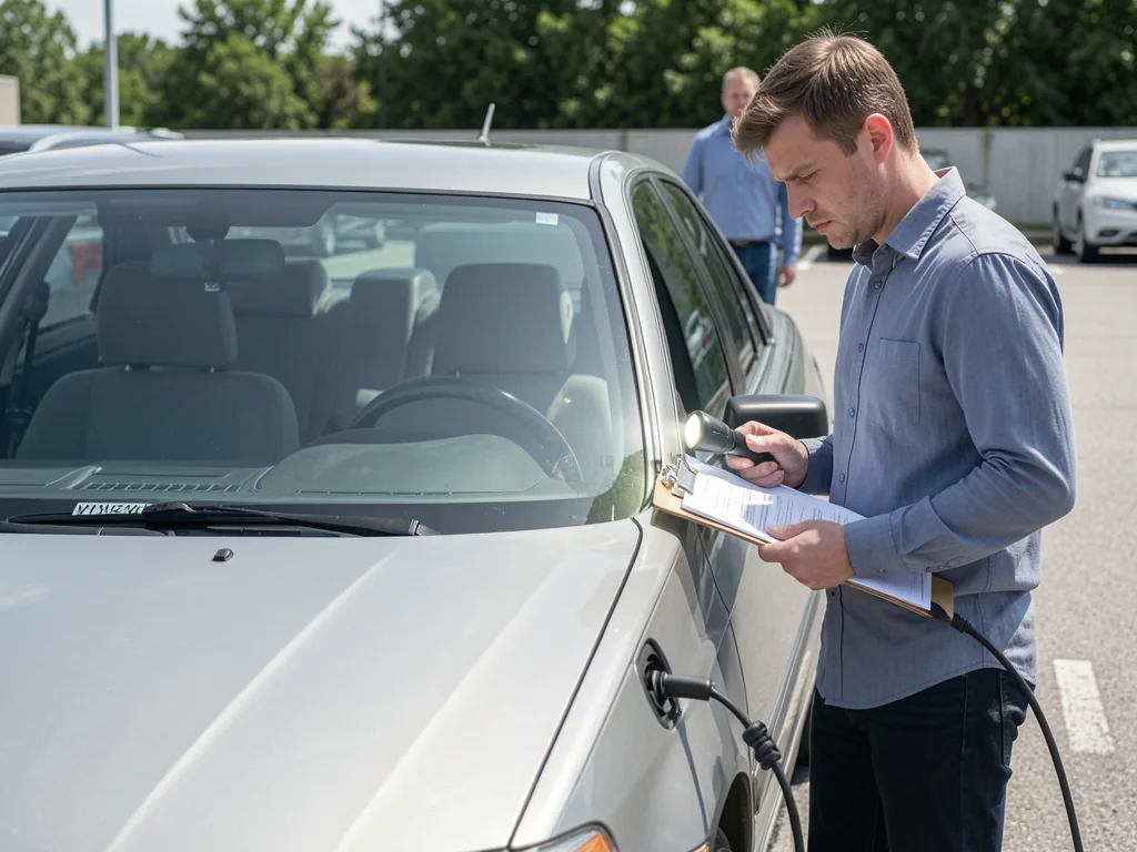 Buyer checking the VIN and paperwork on a used car before purchase to avoid scams and lemons