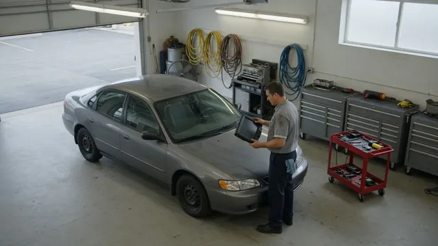 Technician reviewing oxygen sensor data on a scan tool beside a parked vehicle
