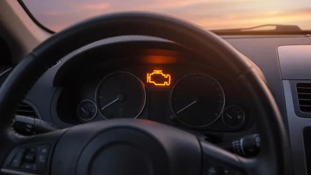 Amber check engine light symbol glowing on a car dashboard instrument cluster