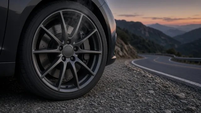 Car parked on a mountain road shoulder with heat rising from the front brake area after a long descent