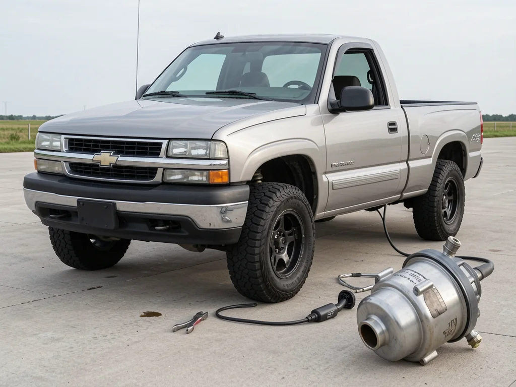 Parked early-2000s Chevy Silverado shown alongside a fuel filter illustration