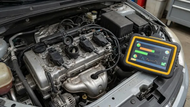 Engine bay with one ignition coil removed from the cylinder head and an OBD-II scan tool resting nearby during a misfire diagnosis.