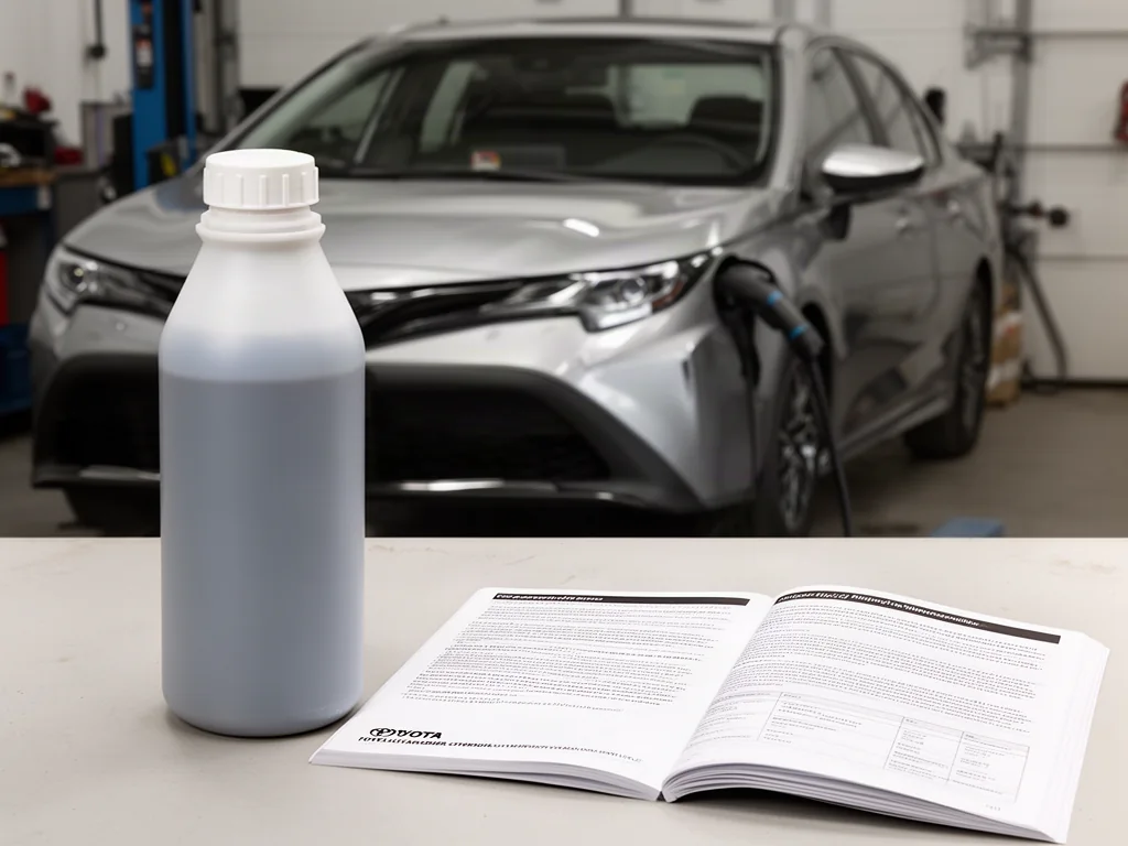 Sealed brake fluid bottle beside a vehicle owner’s manual with a Toyota parked nearby