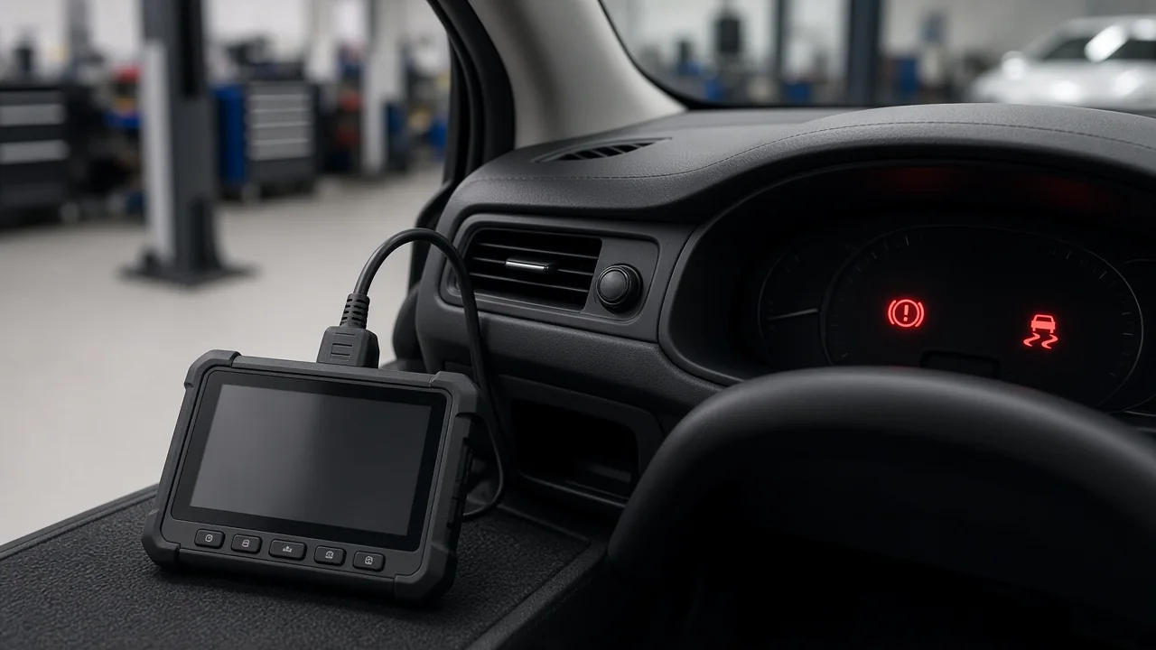 Diagnostic scan tool beside a vehicle dashboard displaying brake and stability warning lights
