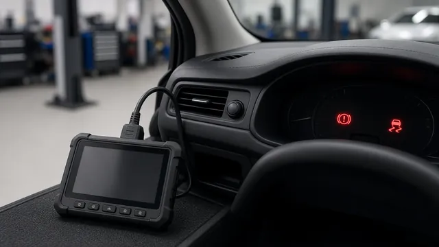 Diagnostic scan tool beside a vehicle dashboard displaying brake and stability warning lights