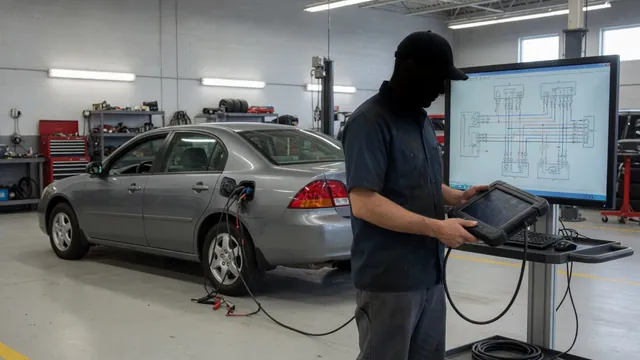 Technician reviewing transmission diagnostic data on a scan tool beside a parked vehicle