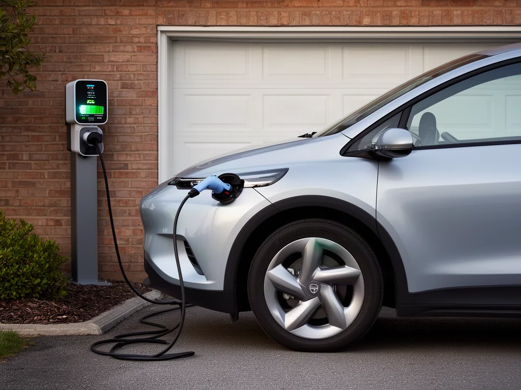 An electric vehicle plugged into a home charging unit with a battery charge indicator on its dashboard.