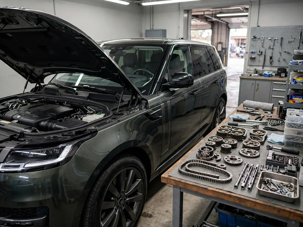 Range Rover in a service bay with timing chain components arranged on a clean workbench
