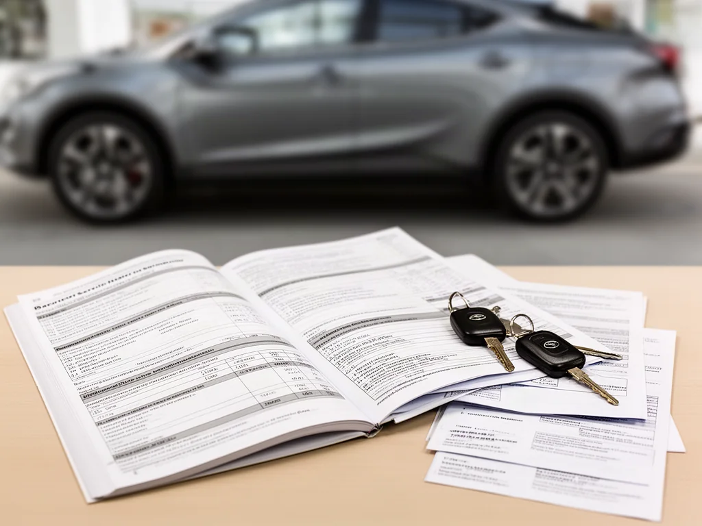 Vehicle maintenance receipts and an open service booklet beside car keys on a desk