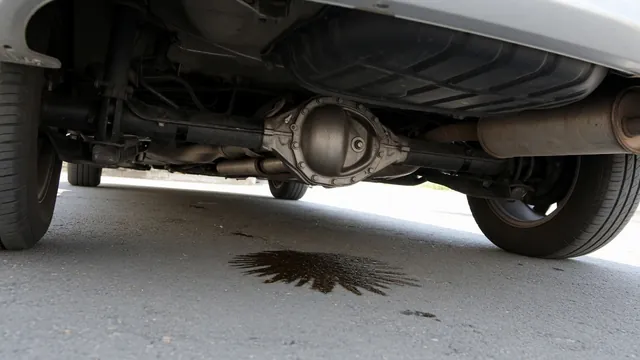 Differential housing beneath a parked vehicle with a small lubricant leak on the pavement