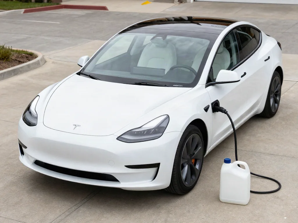 Tesla windshield with wipers positioned for maintenance and a washer fluid container nearby