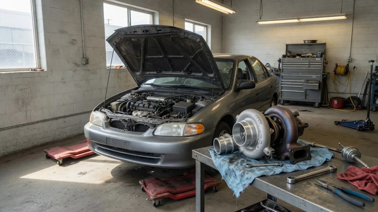Illustration of a turbocharger beside an older Saab with its hood open