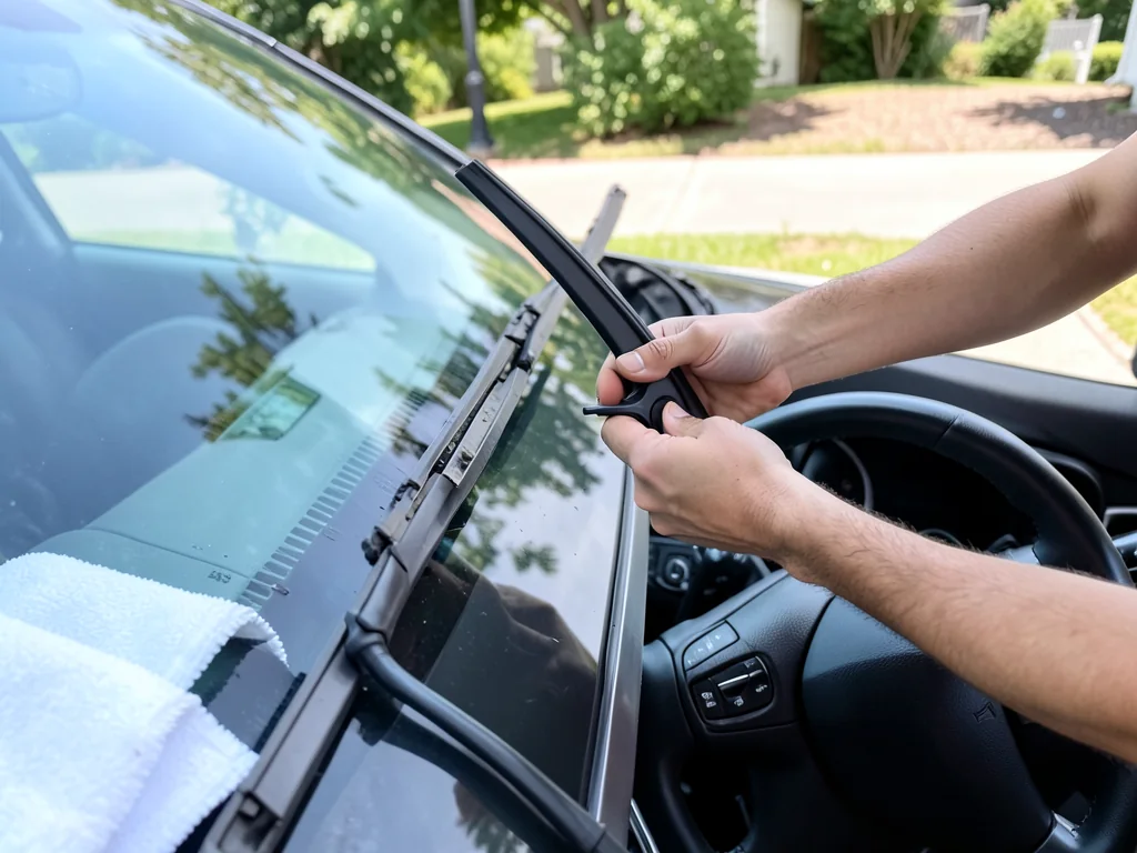 Hands attaching a new windshield wiper blade to a lifted wiper arm on a parked car
