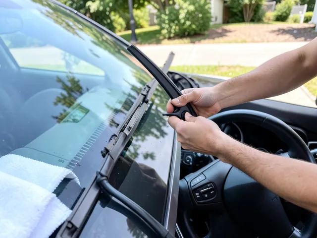 Hands attaching a new windshield wiper blade to a lifted wiper arm on a parked car