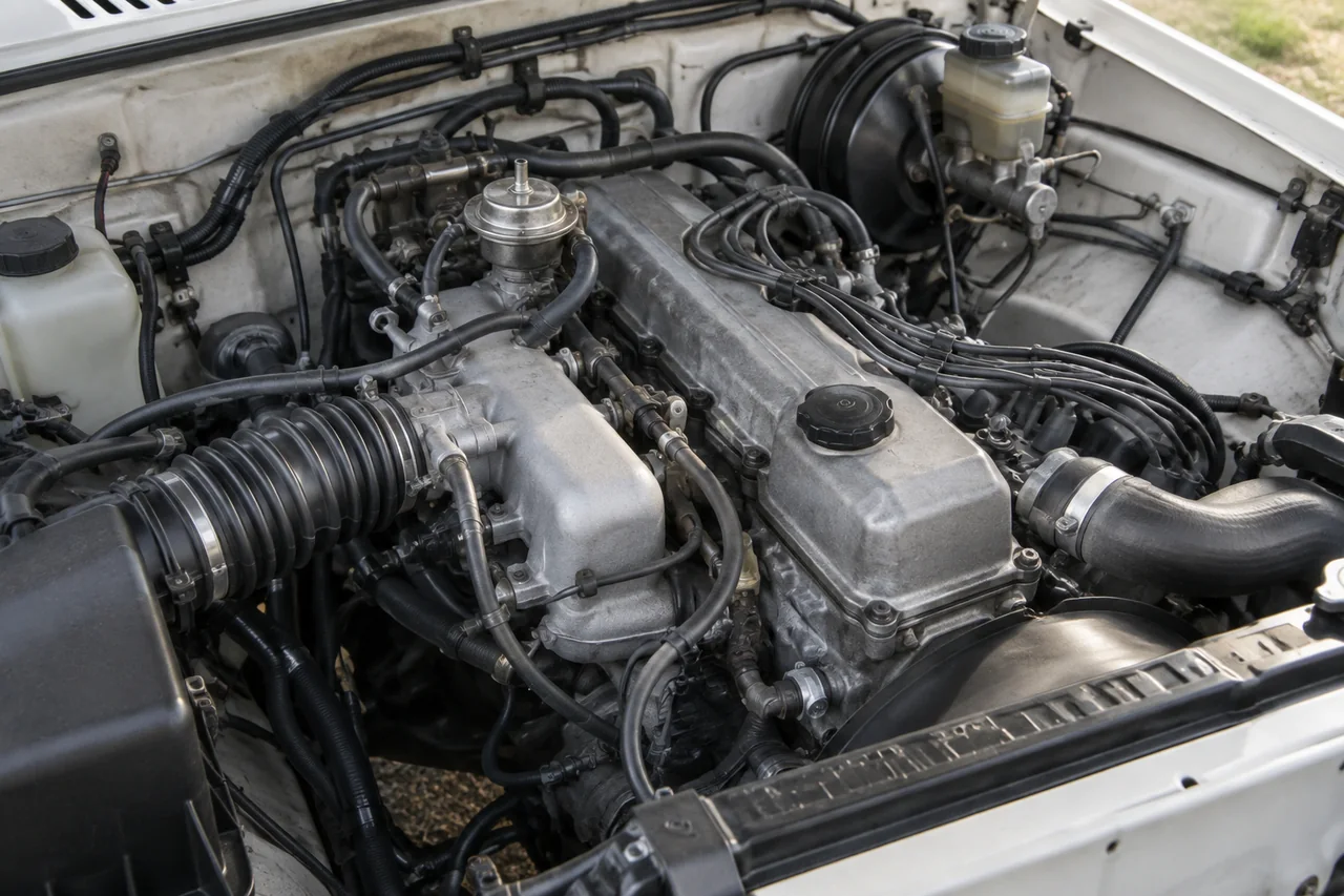 EGR valve and vacuum hoses on the intake side of a Toyota 22RE engine in a pickup engine bay