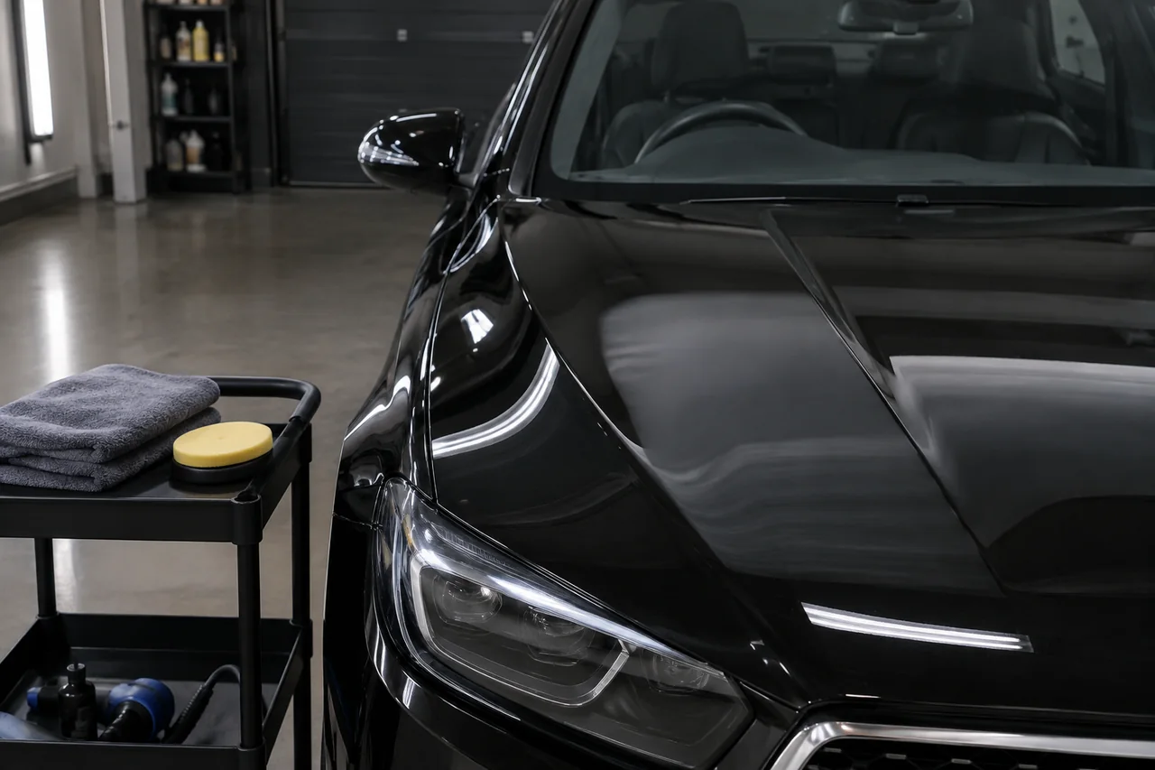 Clean microfiber towels and a wax applicator beside a glossy black car hood in a shaded detailing area.