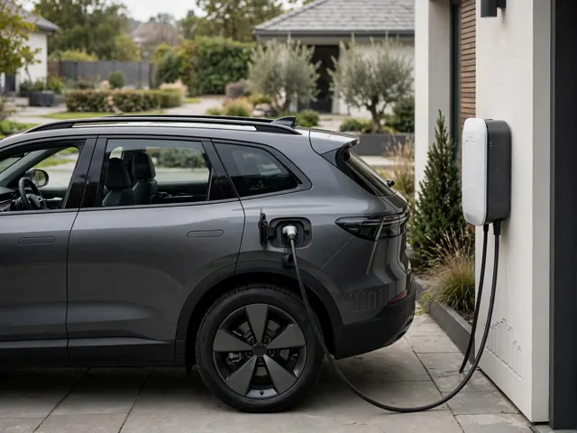 Conceptual electric SUV silhouette beside a charging station, illustrating Range Rover EV plans
