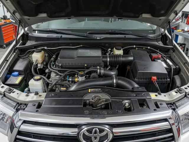 Toyota truck engine bay with a PCV valve and ventilation hose highlighted for identification