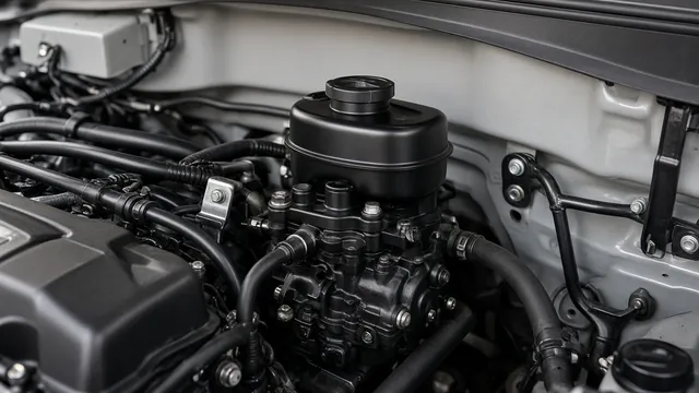 Ford 7.3 Powerstroke engine bay showing the high pressure oil pump and reservoir area