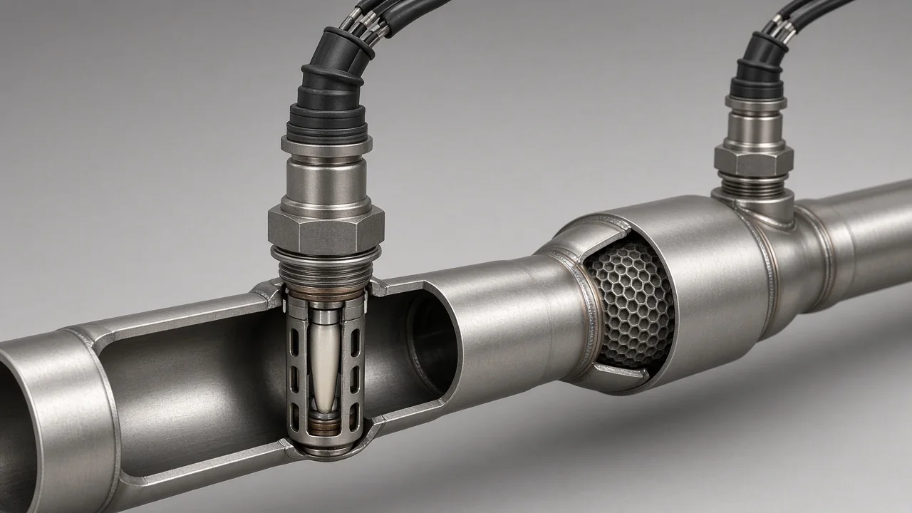 Cutaway illustration of an oxygen sensor mounted in a car exhaust pipe showing the zirconia element and a downstream sensor after the catalytic converter