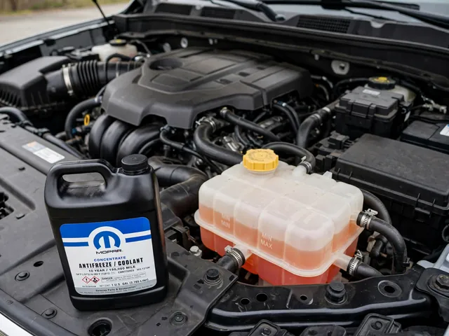 Cool engine bay with a coolant reservoir and a sealed bottle labeled Mopar OAT MS-12106
