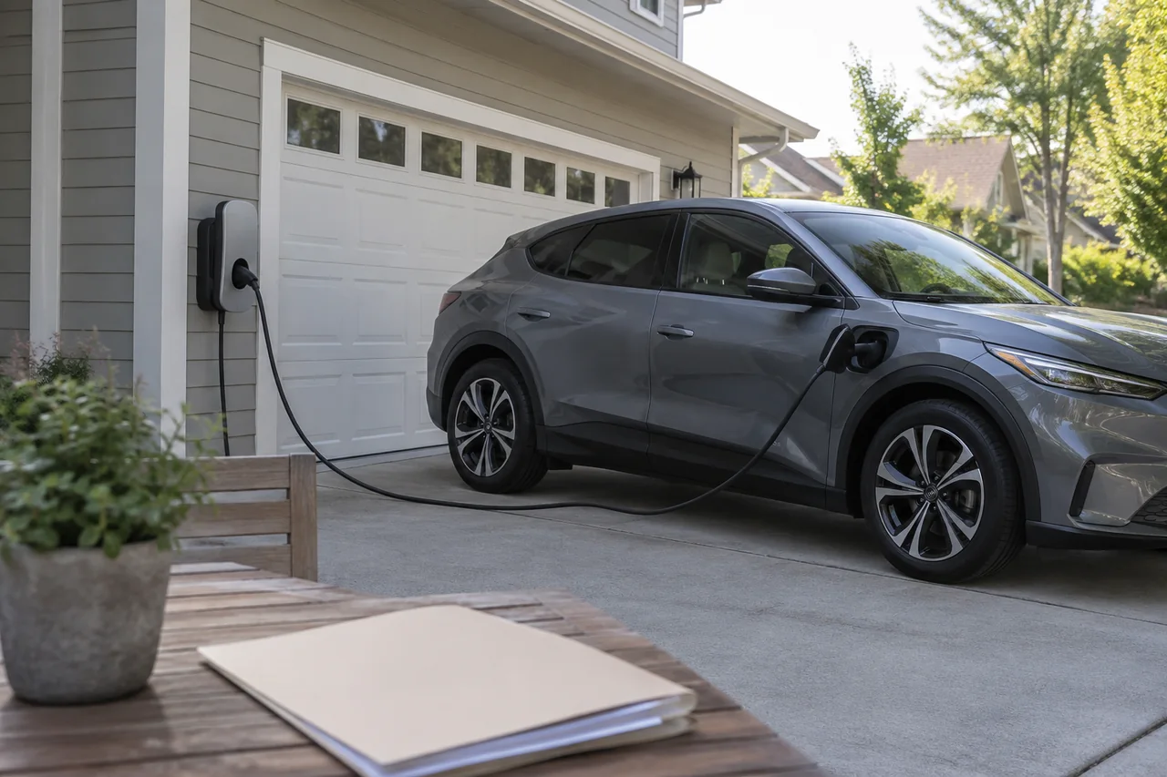 Electric vehicle plugged into a home charger with battery warranty documents on a nearby table