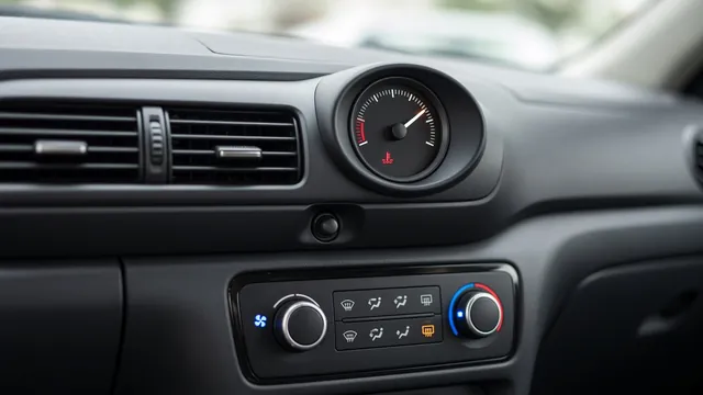 Car dashboard showing a high engine temperature reading with the air conditioning switched on