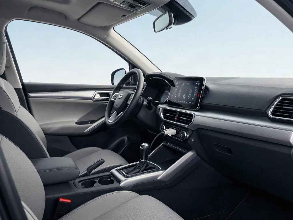 Manual gearshift and three pedals inside an SUV cabin