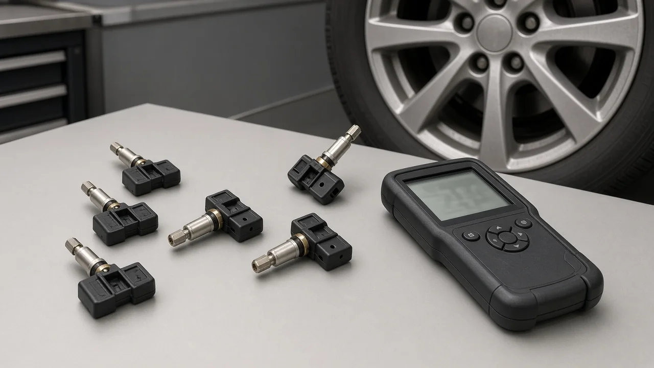 TPMS sensors beside a wheel and a handheld sensor activation tool