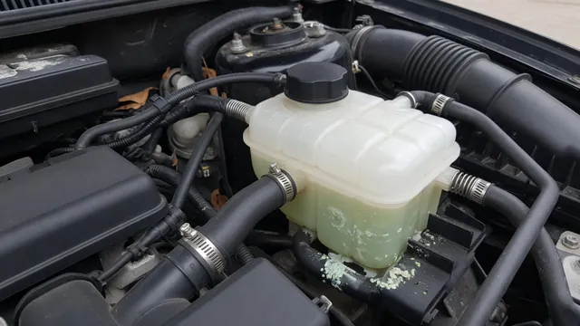 BMW engine bay with coolant expansion tank and hose connections visible during a cold-engine inspection