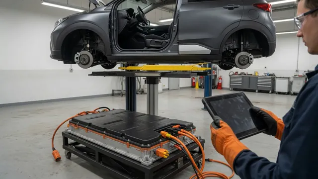 Technician in insulated gloves checking an electric SUV's high-voltage battery pack on a lift in a repair shop