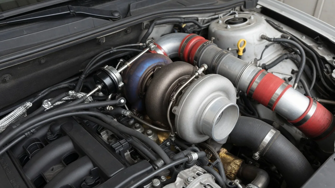 Turbocharger housing and connected intake piping in a parked vehicle's engine bay