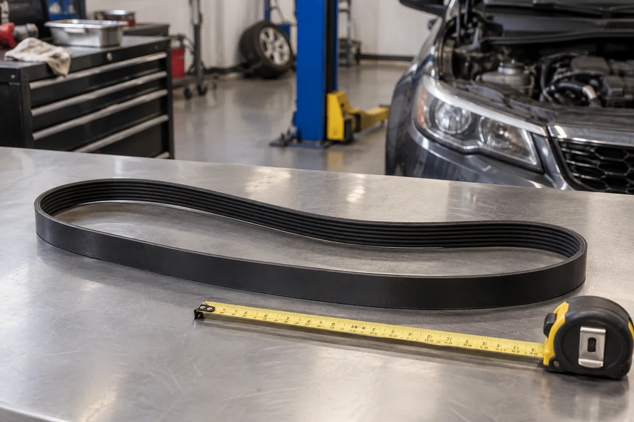 Removed serpentine belt with visible ribs beside a flexible measuring tape on a workbench
