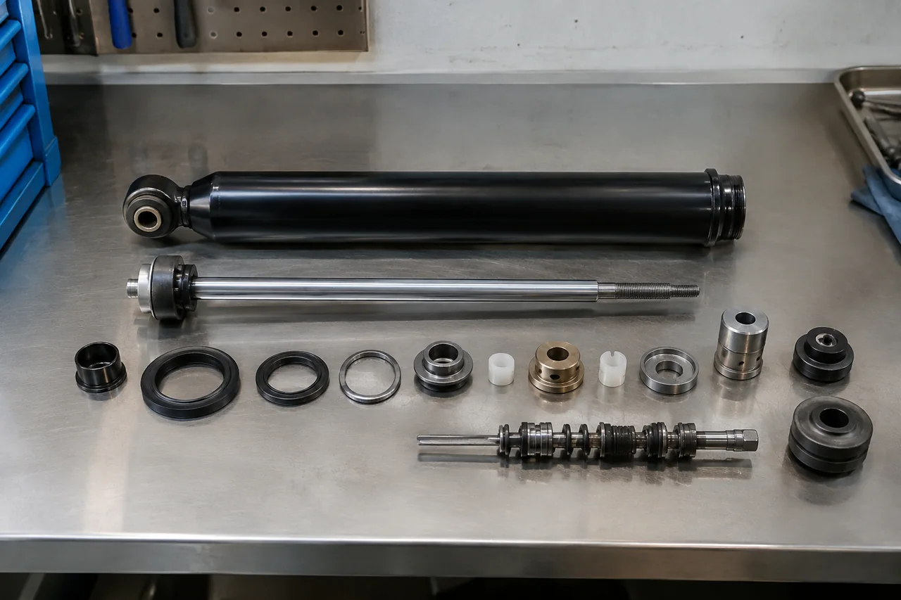 Serviceable shock absorber with seals and internal components arranged on a clean workshop bench