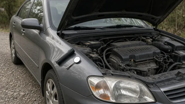 Illustration of an Acura MDX engine bay with a flashlight and inspection mirror