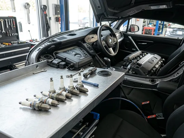 Spark plugs arranged on a clean workbench beside a BMW engine bay