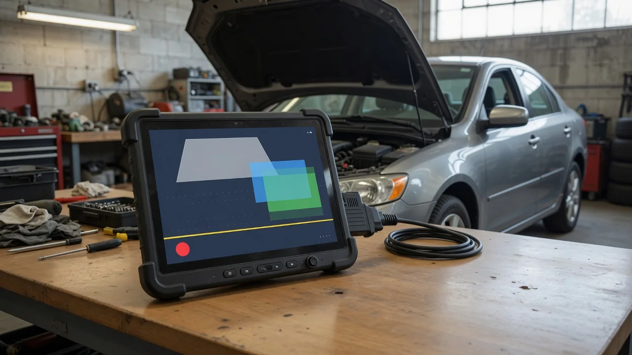 Diagnostic scanner displaying P1167 beside a parked vehicle in an automotive service bay