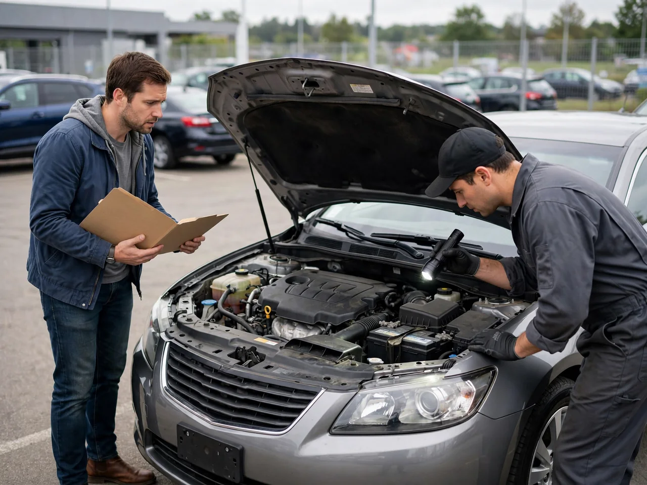 Used car buyer holding an empty service record folder while a mechanic inspects the sedan's engine bay