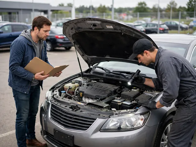 Used car buyer holding an empty service record folder while a mechanic inspects the sedan's engine bay