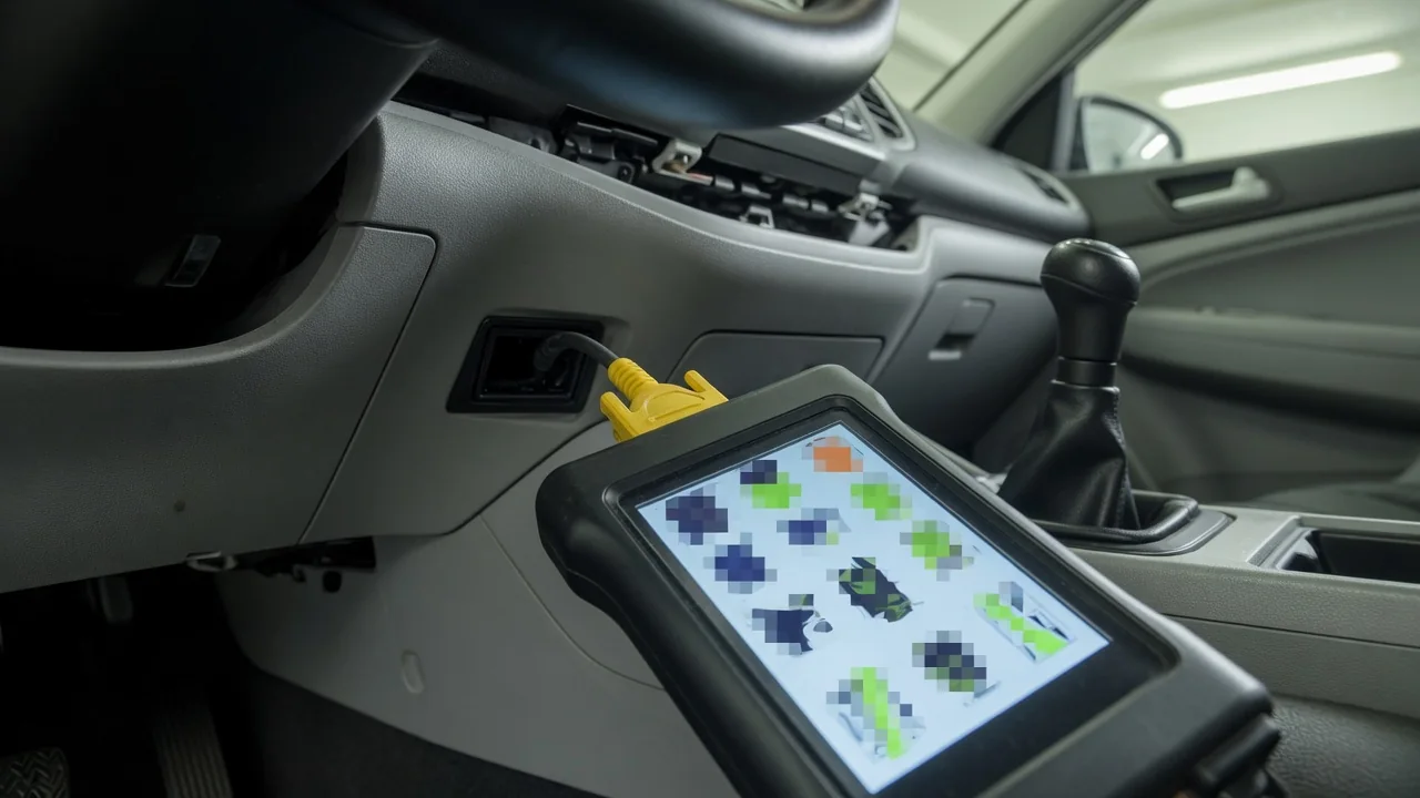 OBD-II scan tool plugged into a car's diagnostic port, with the automatic transmission shifter in the background