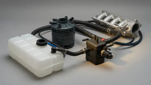 Illustration of an EVAP charcoal canister, purge valve, and vapor line leading to the engine intake
