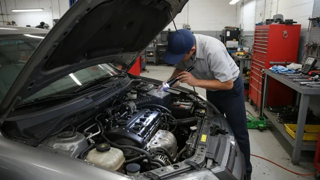 Technician inspecting an engine for oil leakage with a flashlight in a repair shop