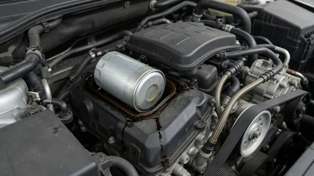 Oil residue around an engine oil filter and its mounting area with the engine off