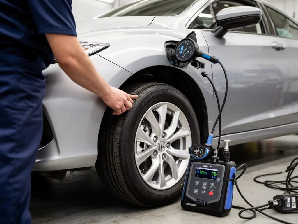 Technician checking a Honda tire with a pressure gauge beside TPMS diagnostic equipment