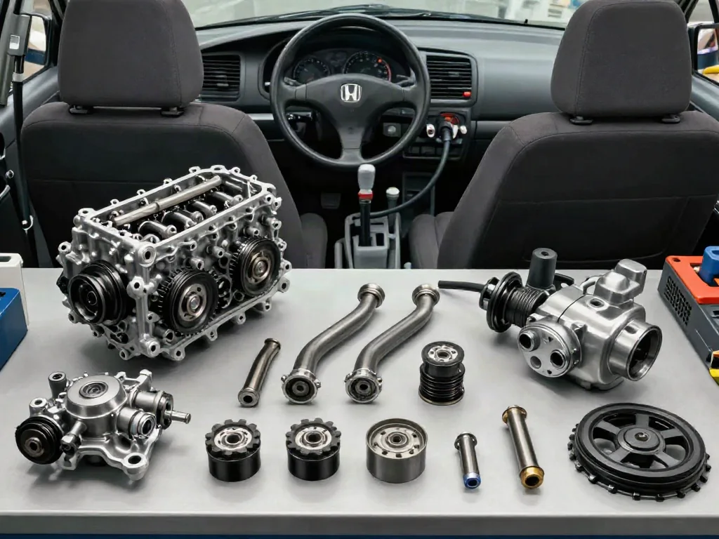 Honda K-series timing chain components arranged on a clean workshop bench