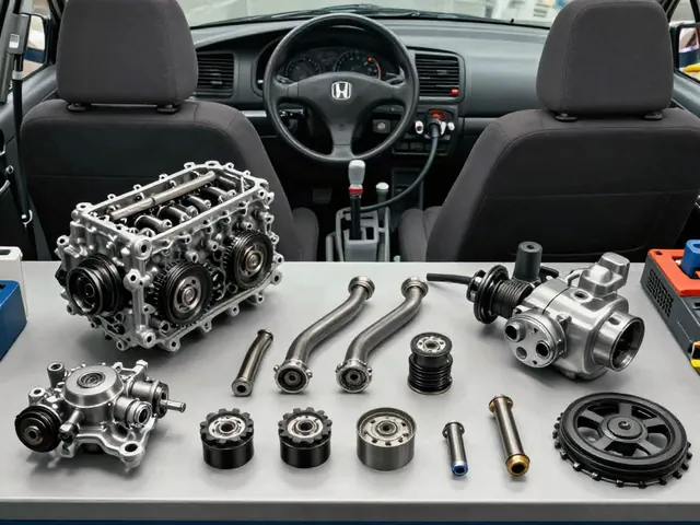 Honda K-series timing chain components arranged on a clean workshop bench